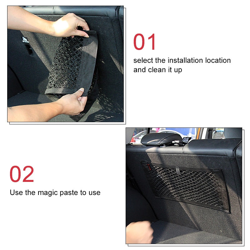 Elastic net for car rear seat, universal storage bag with magic sticker