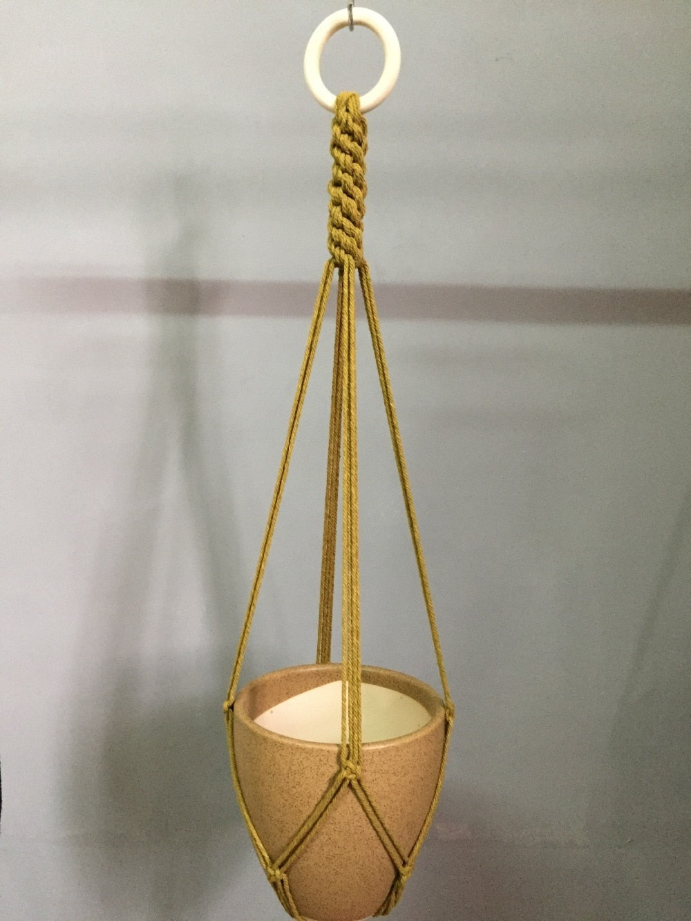 Plant support in colorful macrame