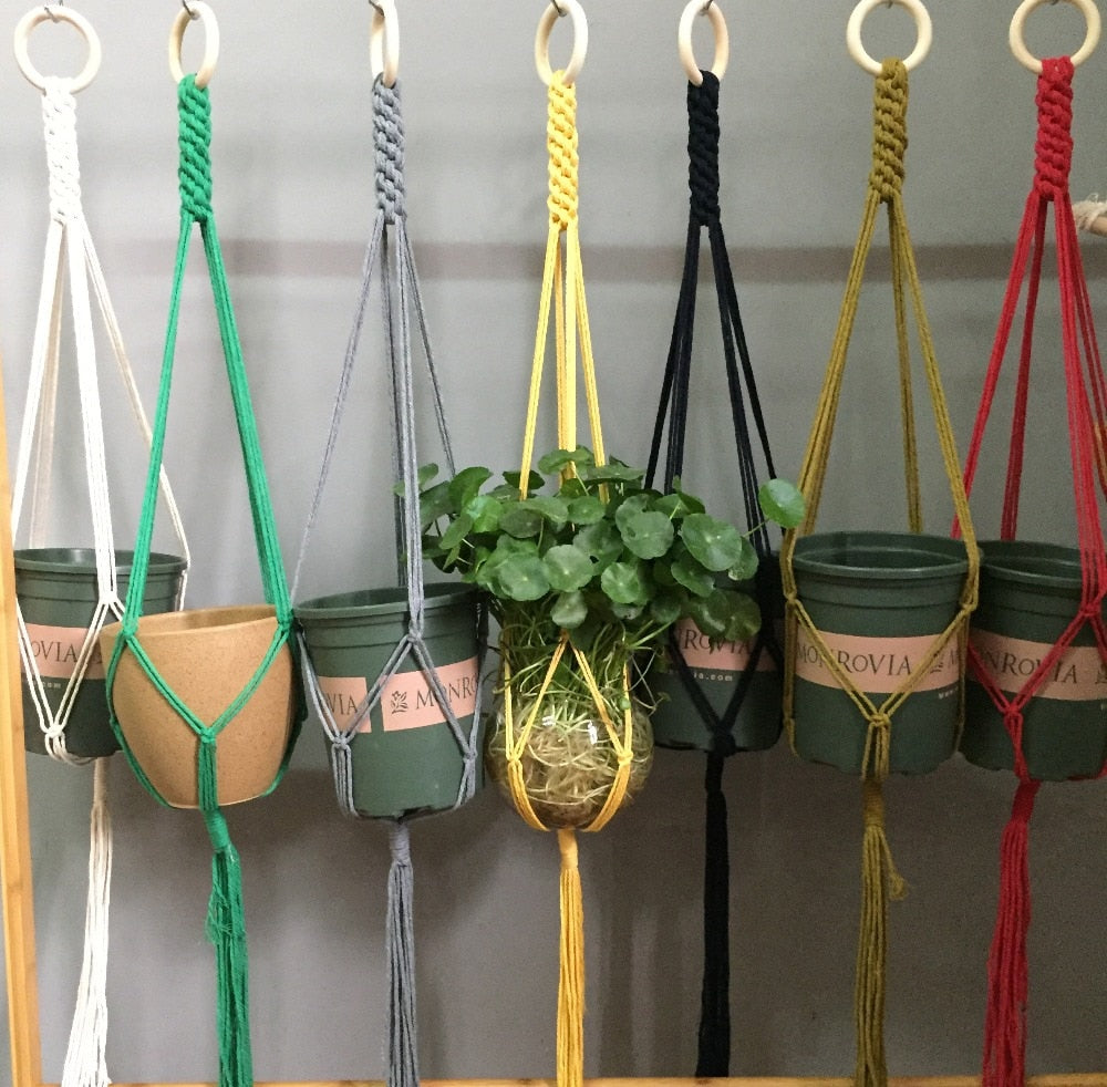 Plant support in colorful macrame