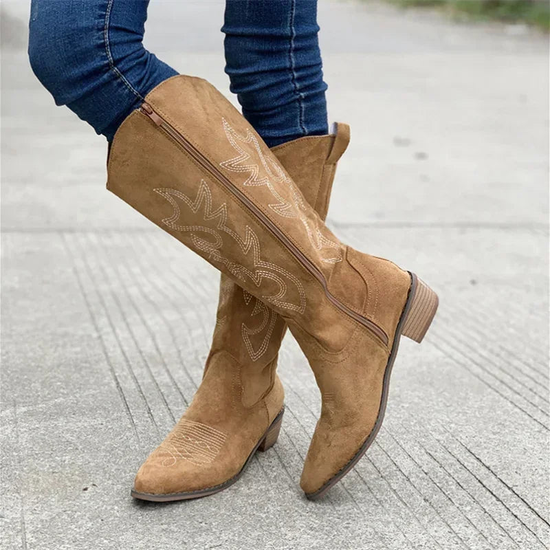Bottes Cowboy Femme 🤎 | Bottes Western Hautes à Talon – Style Vintage Tendance