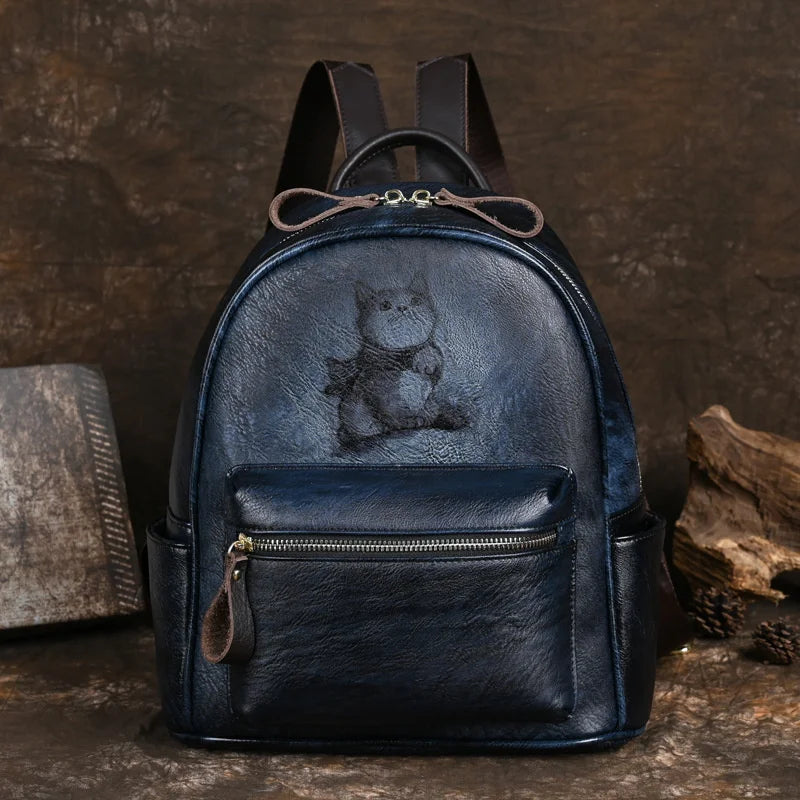 Sacoche à dos Retro Backpacks Hand-painted Genuine Leather Cat