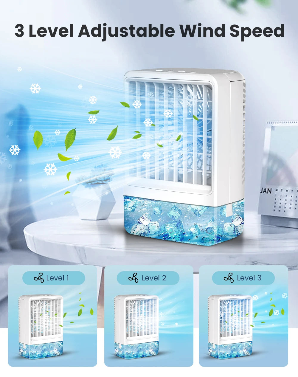 Mini climatiseur portable évaporatif 4-en-1 avec réservoir d'eau, 3 vitesses, minuterie et éclairage LED RGB