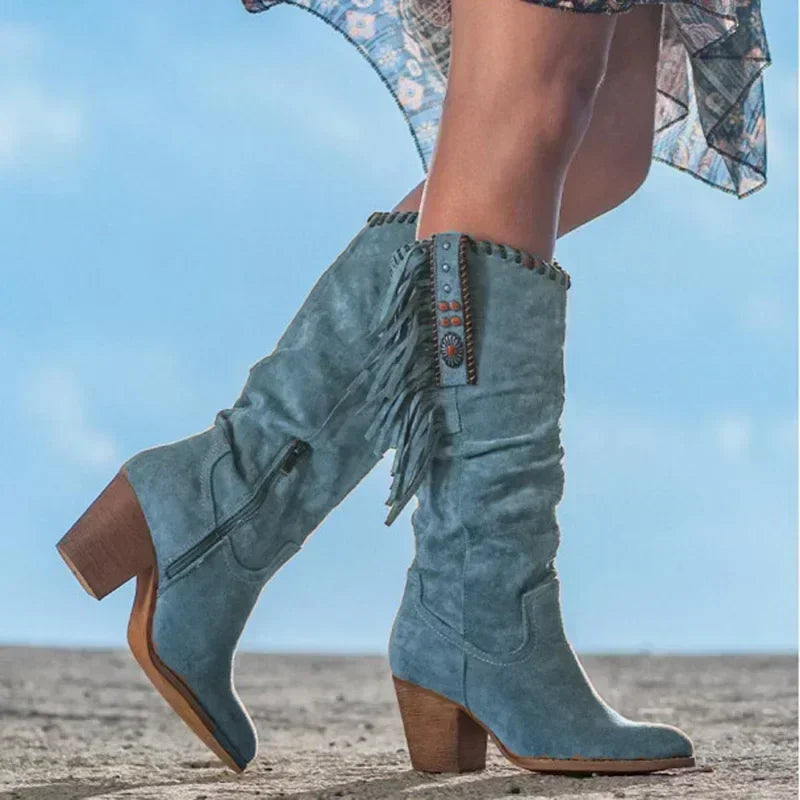 Bottes Western Femme à Talon – Bottes Cowboy Vintage avec Franges et Détails Métalliques