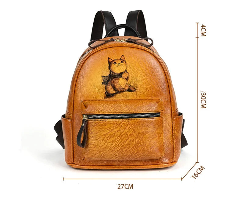 Sacoche à dos Retro Backpacks Hand-painted Genuine Leather Cat