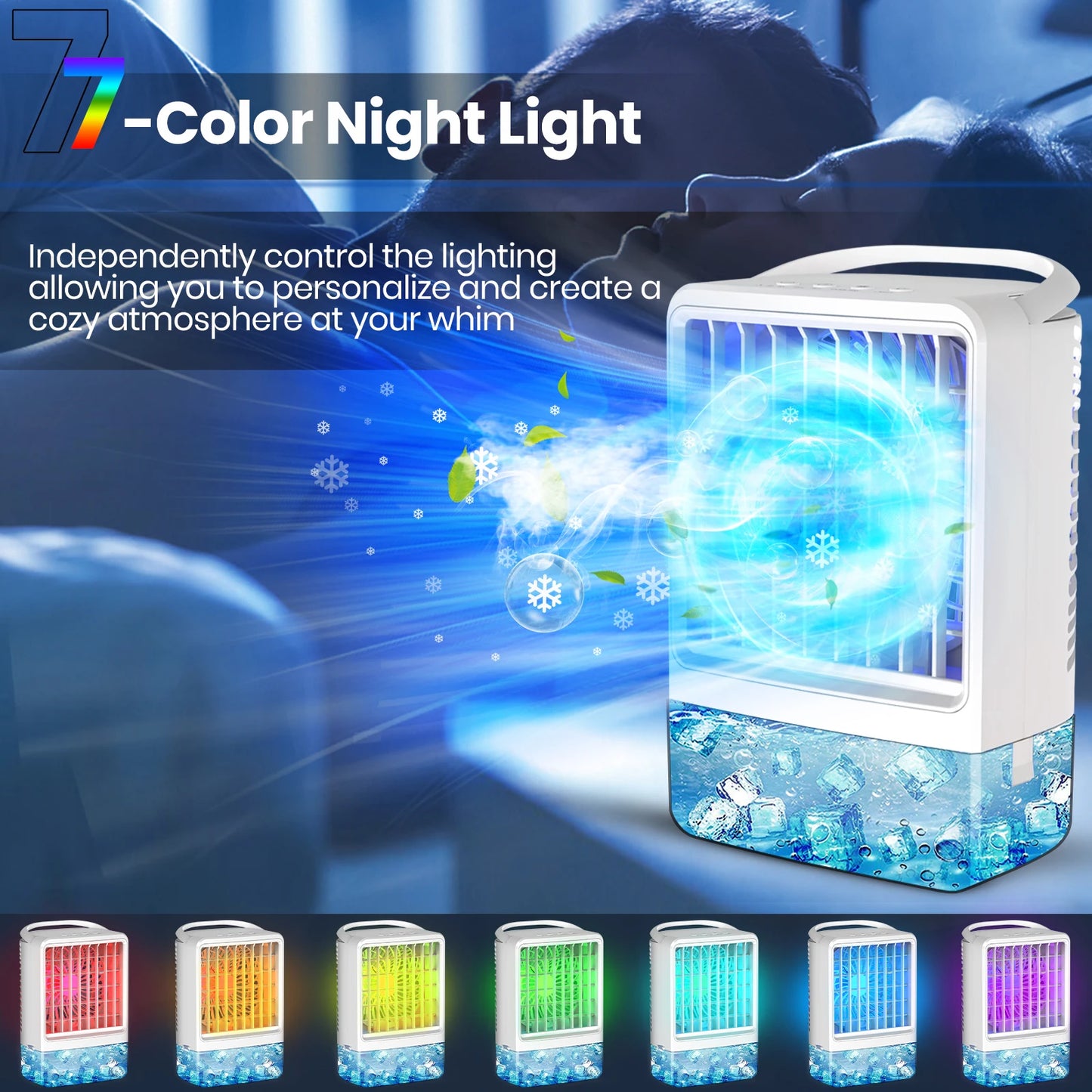Mini climatiseur portable évaporatif 4-en-1 avec réservoir d'eau, 3 vitesses, minuterie et éclairage LED RGB