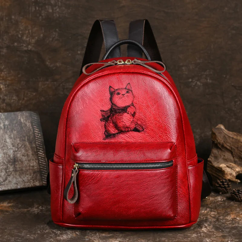 Sacoche à dos Retro Backpacks Hand-painted Genuine Leather Cat