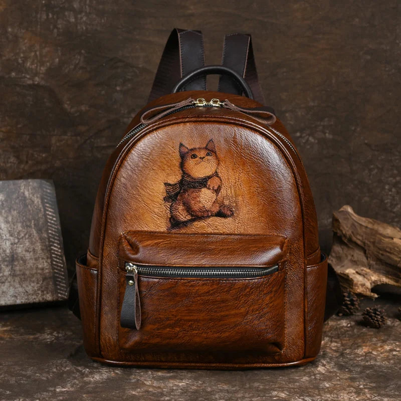 Sacoche à dos Retro Backpacks Hand-painted Genuine Leather Cat