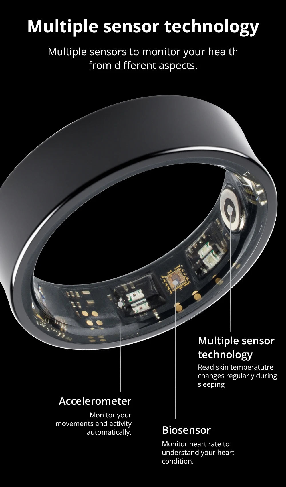 Bague intelligente Smart Ring Men Women with Charging Case, Health and Sleep Monitor, Skin Temperature Monitor, 60 days battery life