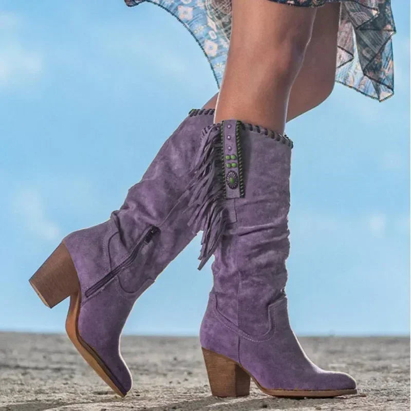 Bottes Western Femme à Talon – Bottes Cowboy Vintage avec Franges et Détails Métalliques