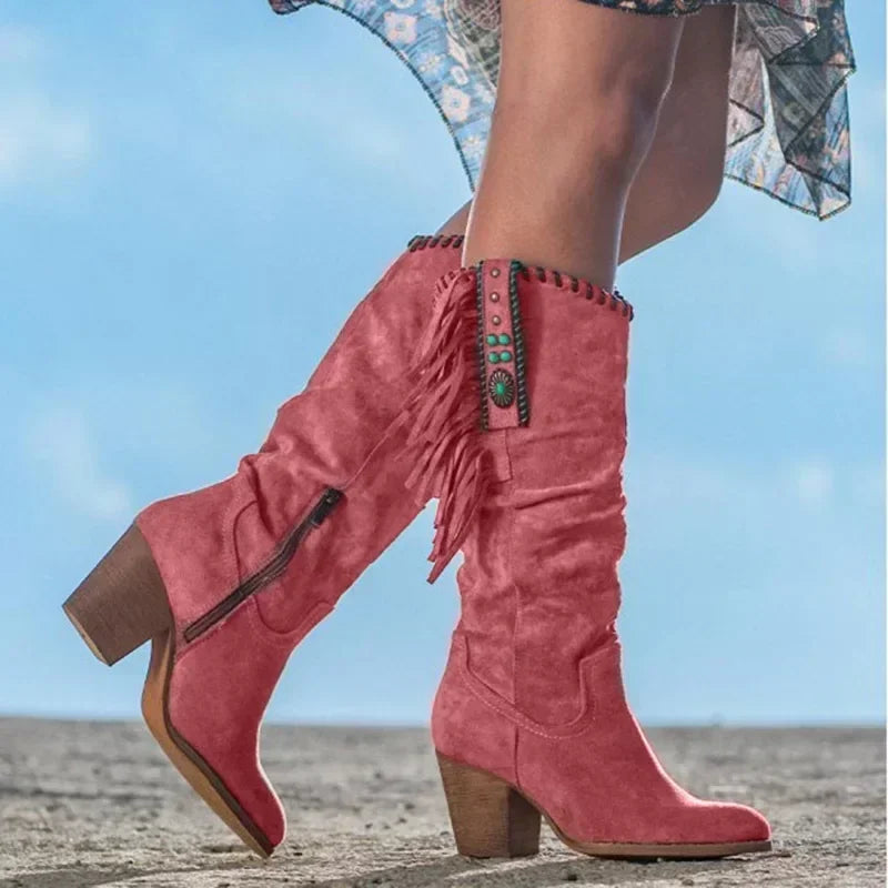 Bottes Western Femme à Talon – Bottes Cowboy Vintage avec Franges et Détails Métalliques