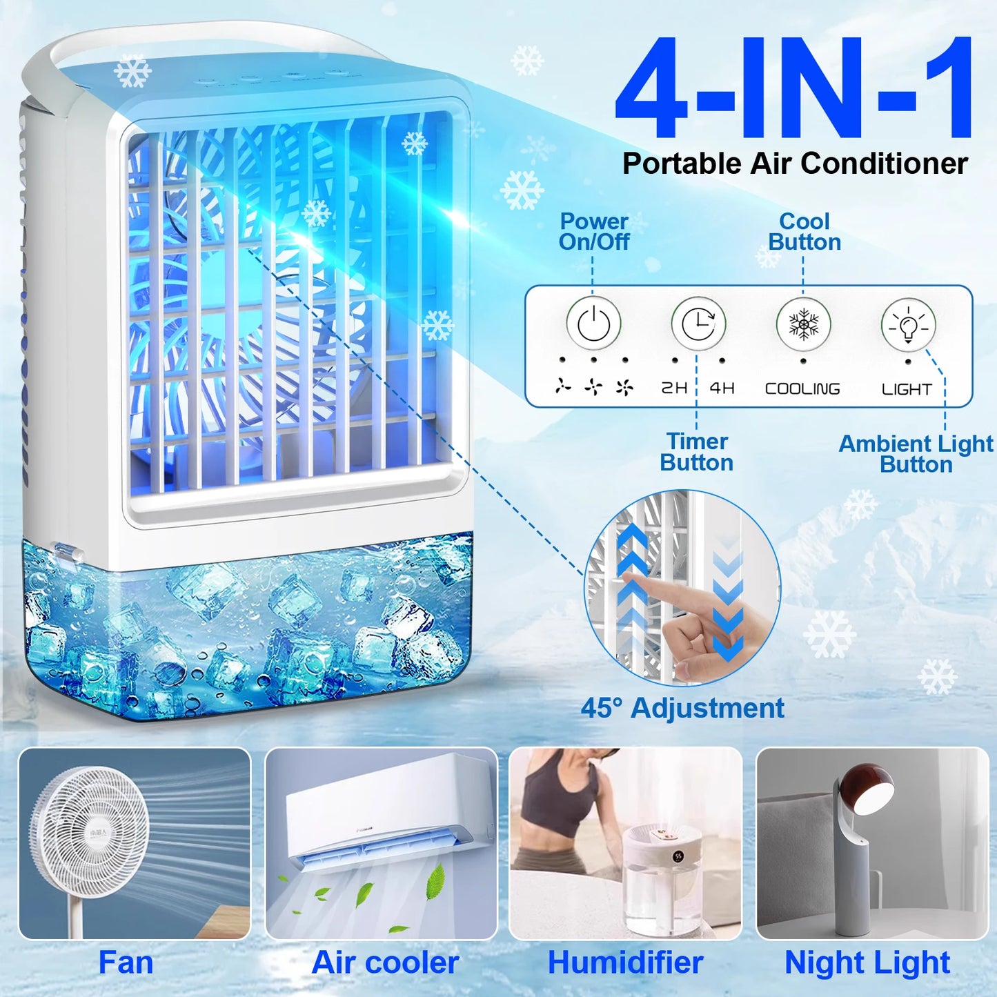 Mini climatiseur portable évaporatif 4-en-1 avec réservoir d'eau, 3 vitesses, minuterie et éclairage LED RGB