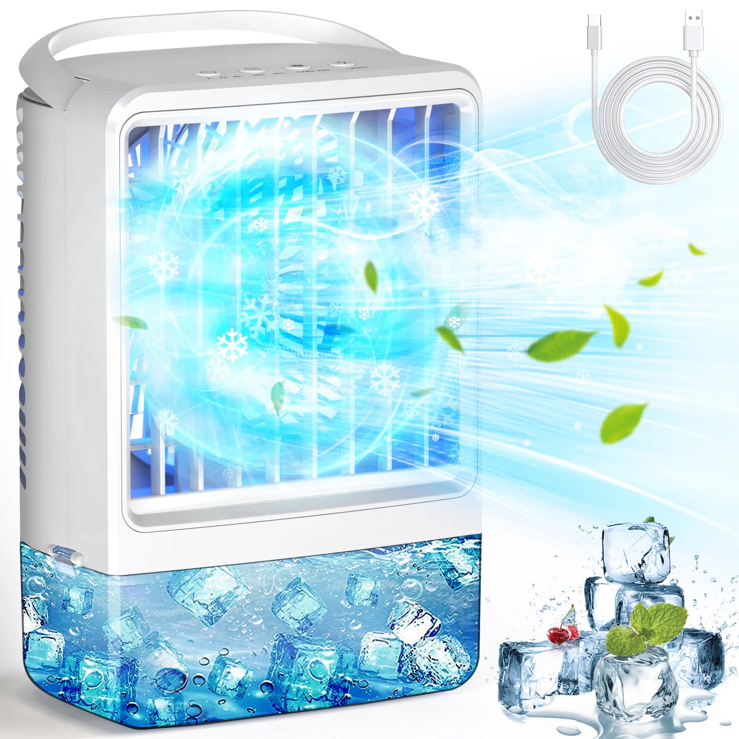 Mini climatiseur portable évaporatif 4-en-1 avec réservoir d'eau, 3 vitesses, minuterie et éclairage LED RGB