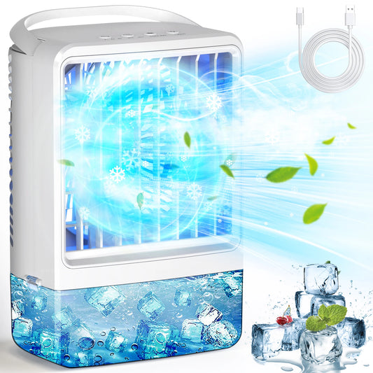 Mini climatiseur portable évaporatif 4-en-1 avec réservoir d'eau, 3 vitesses, minuterie et éclairage LED RGB