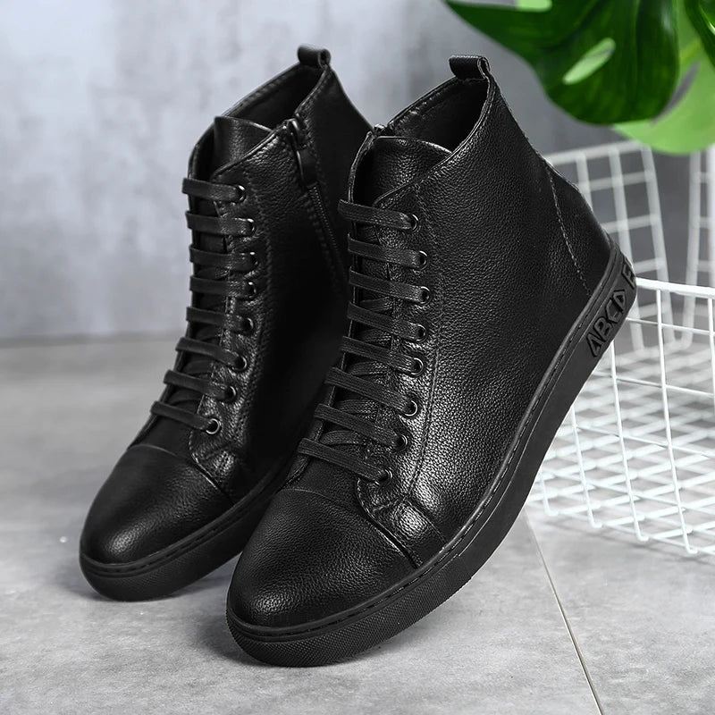 Bottines Montantes Style Sneaker en Cuir Véritable – Homme