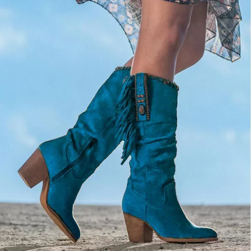 Bottes Western Femme à Talon – Bottes Cowboy Vintage avec Franges et Détails Métalliques