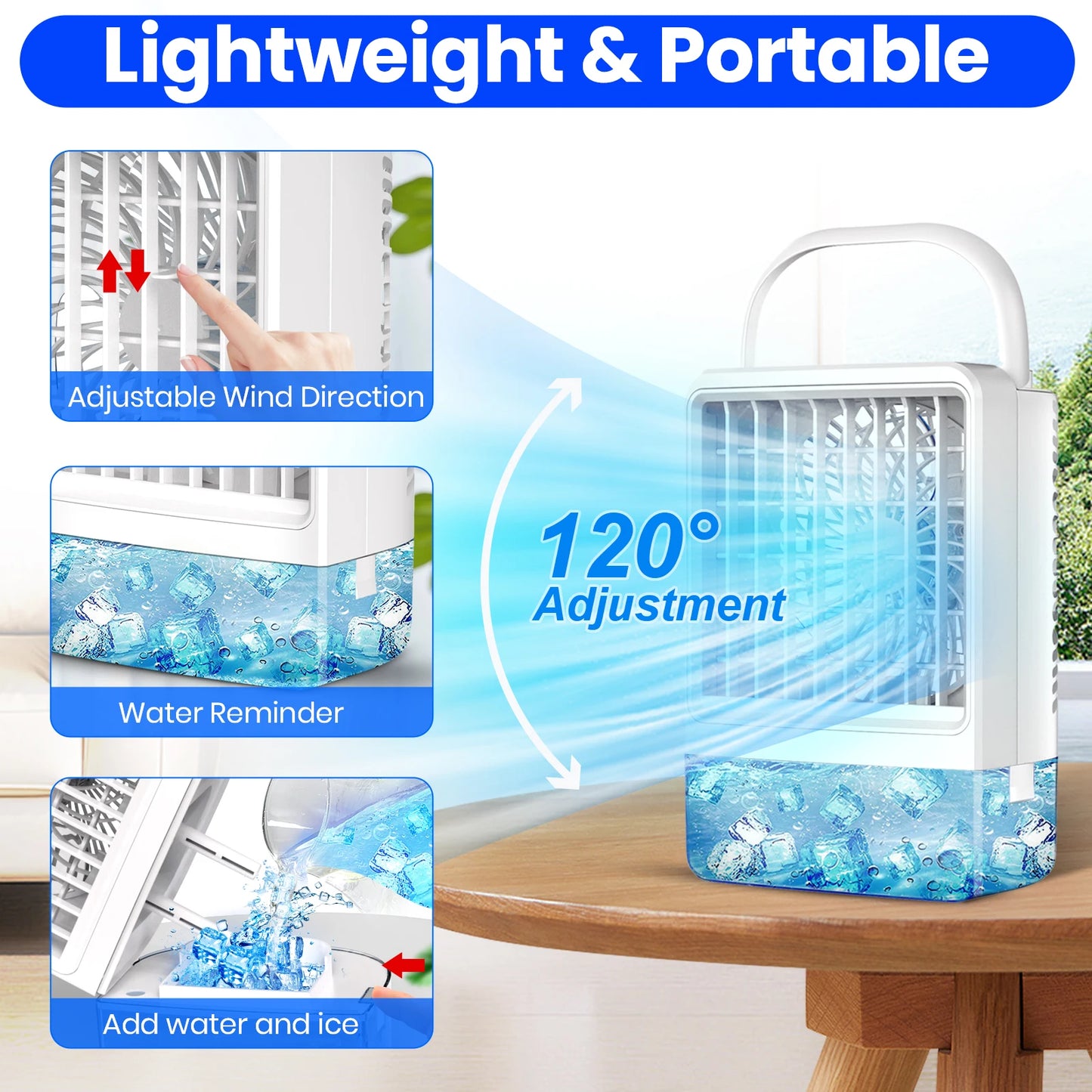 Mini climatiseur portable évaporatif 4-en-1 avec réservoir d'eau, 3 vitesses, minuterie et éclairage LED RGB