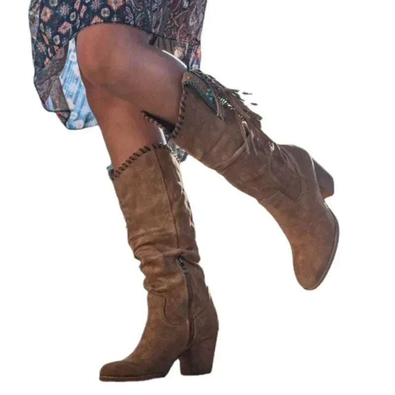 Bottes Western Femme à Talon – Bottes Cowboy Vintage avec Franges et Détails Métalliques
