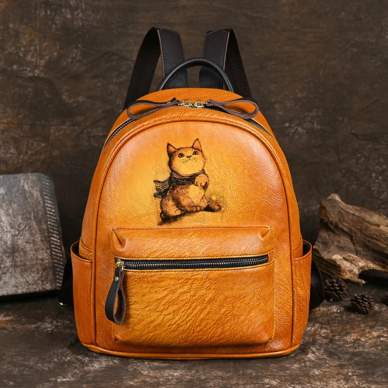 Sacoche à dos Retro Backpacks Hand-painted Genuine Leather Cat