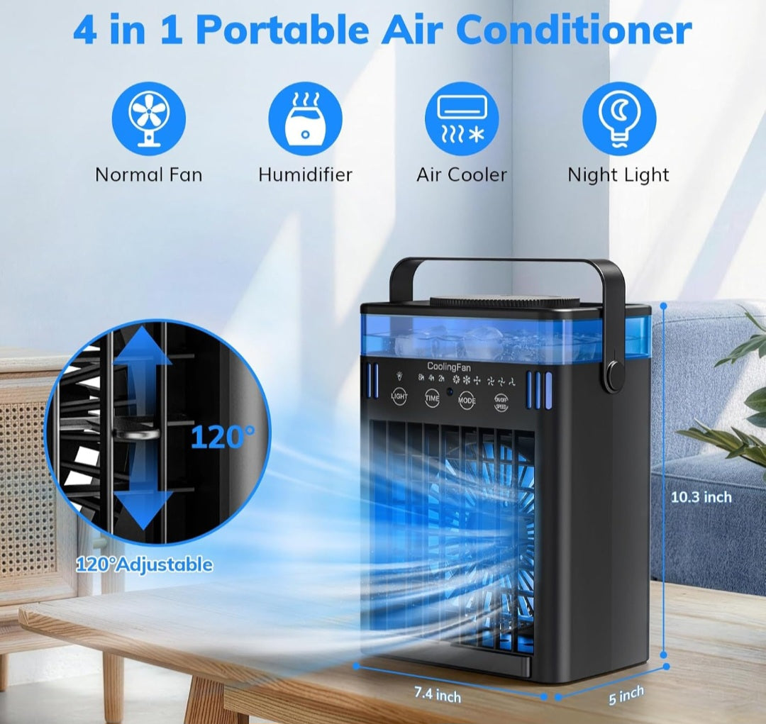 Mini climatiseur portable USB 4-en-1 avec télécommande – Ventilateur, humidificateur, refroidisseur d'air 1000 ml