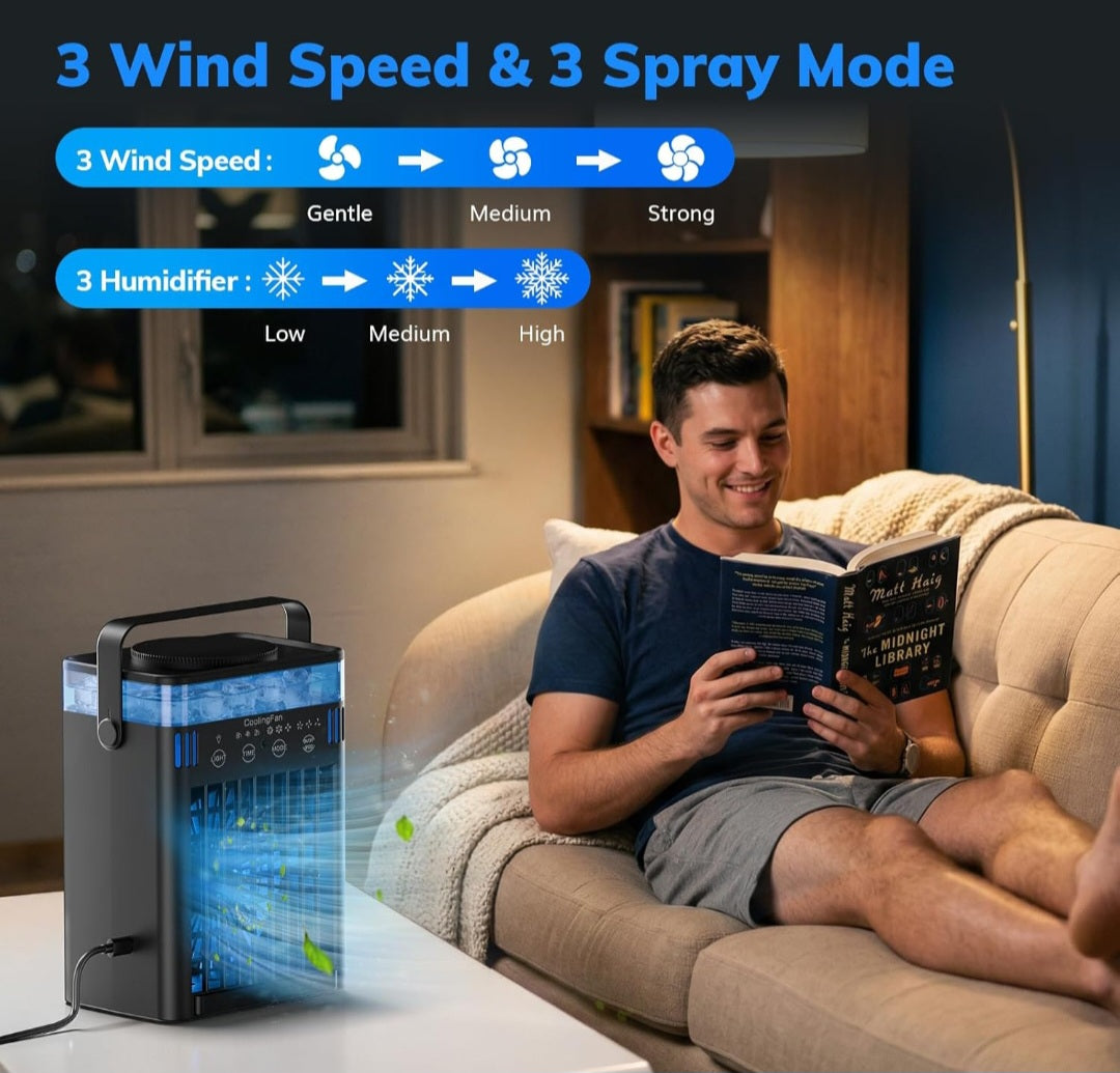 Mini climatiseur portable USB 4-en-1 avec télécommande – Ventilateur, humidificateur, refroidisseur d'air 1000 ml
