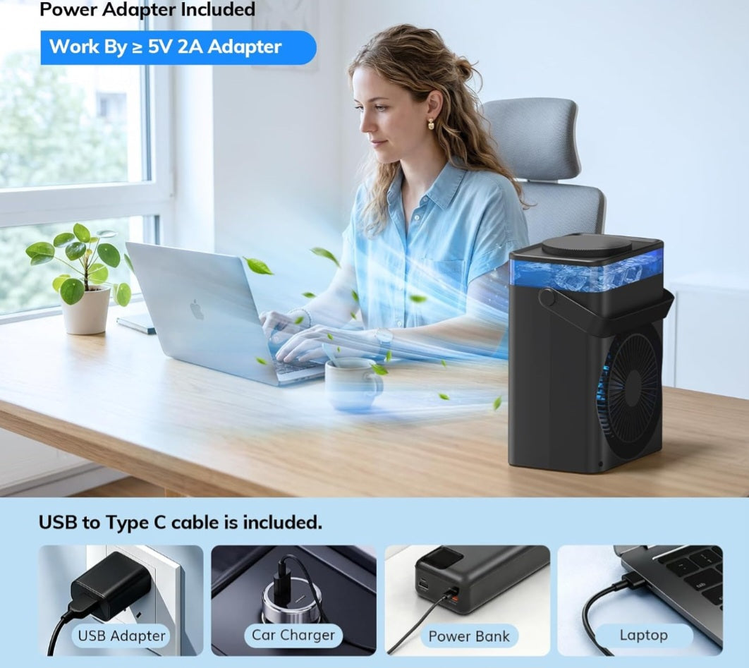 Mini climatiseur portable USB 4-en-1 avec télécommande – Ventilateur, humidificateur, refroidisseur d'air 1000 ml