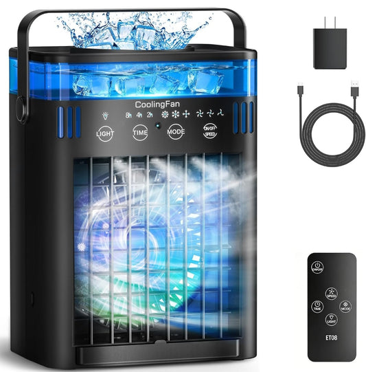 Mini climatiseur portable USB 4-en-1 avec télécommande – Ventilateur, humidificateur, refroidisseur d'air 1000 ml
