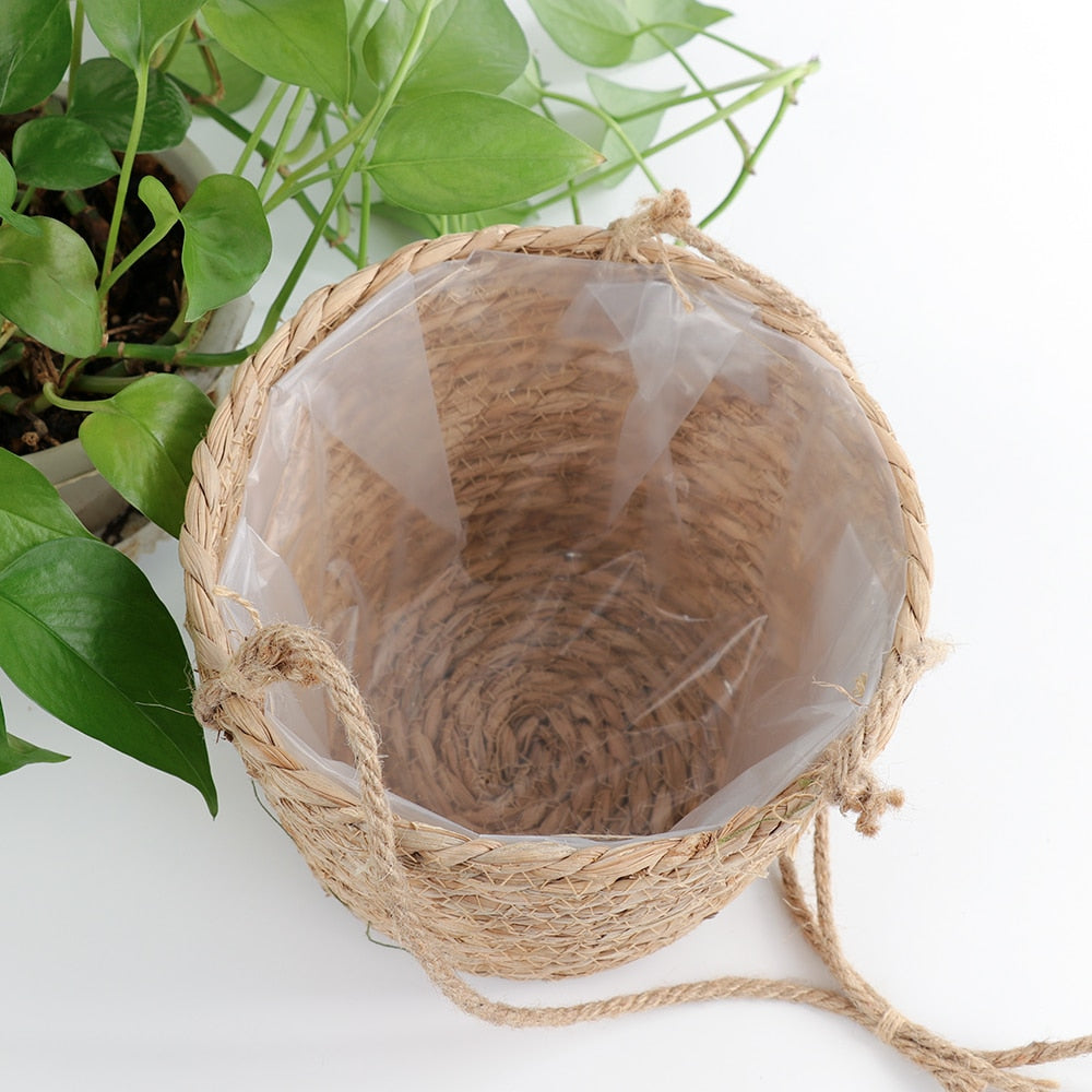 Support et panier à plantes en rotin/macramé