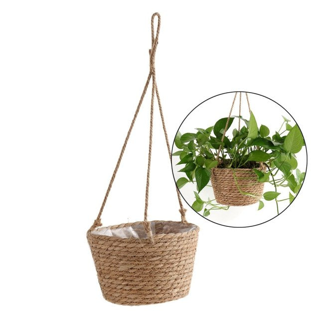 Support et panier à plantes en rotin/macramé