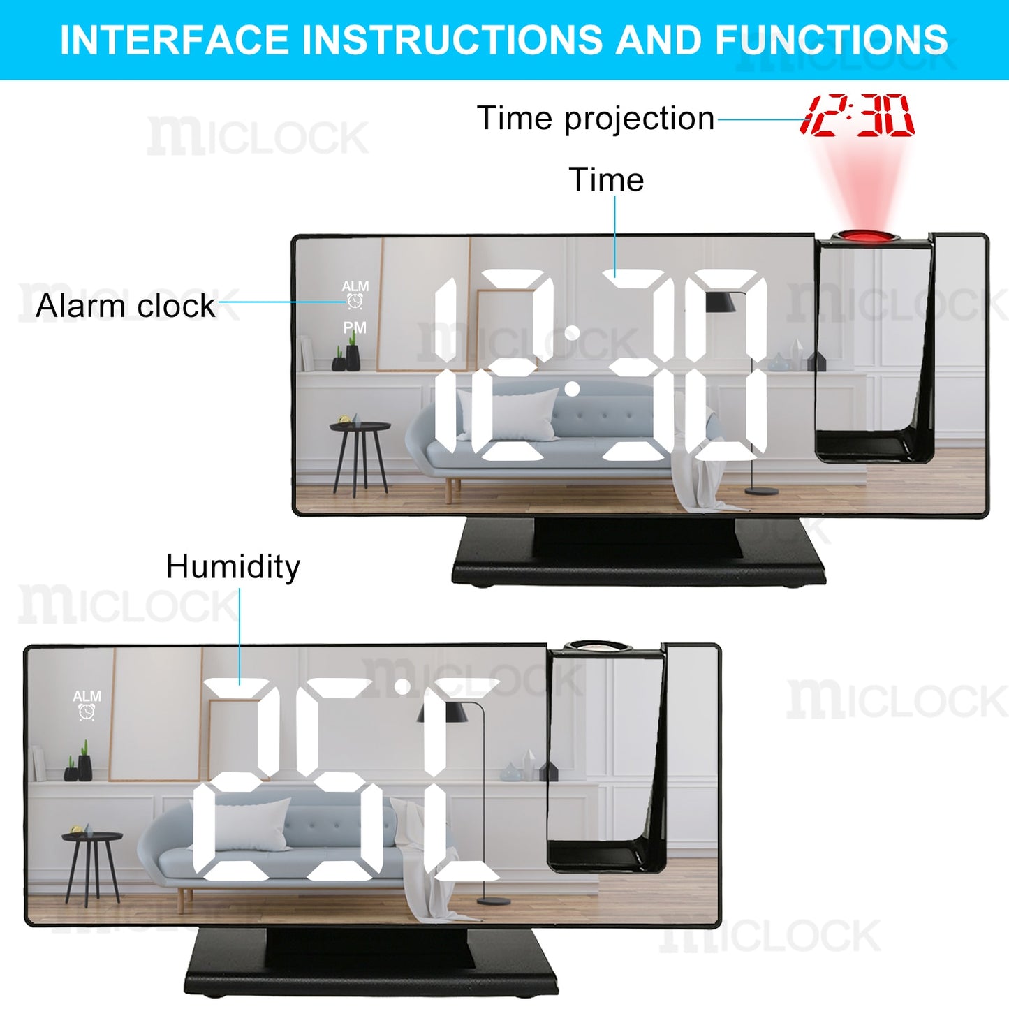 Réveil matin miroir à projection LED