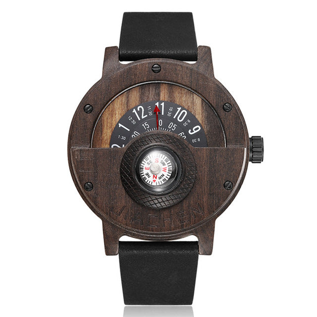 Montre avec boussole en bois et cuir