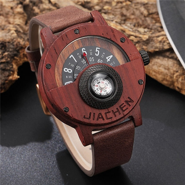 Montre avec boussole en bois et cuir